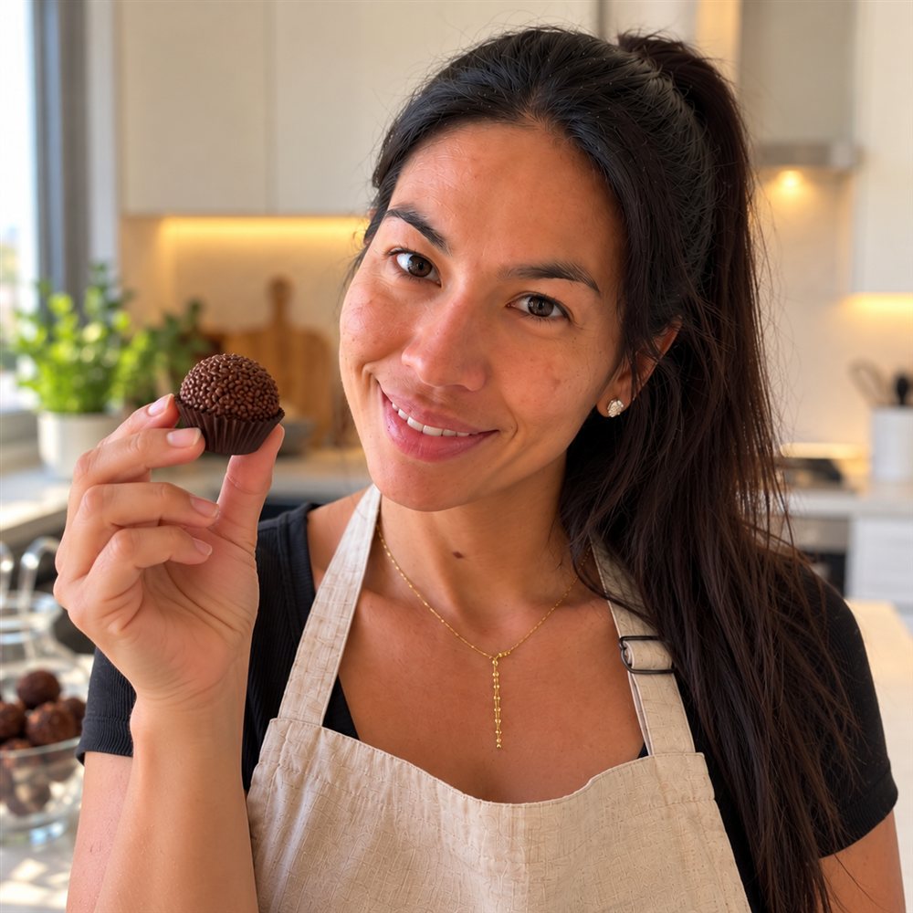 Retrato da Carol sorrindo e segurando um brigadeiro na cozinha de casa
