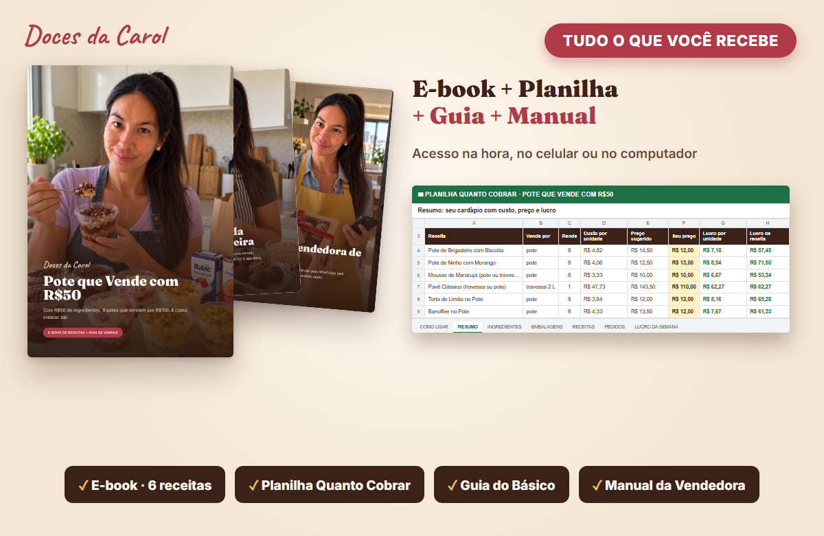 Kit completo Doces da Carol com e-book de receitas, planilha Quanto Cobrar, Guia do Básico e Manual da Vendedora