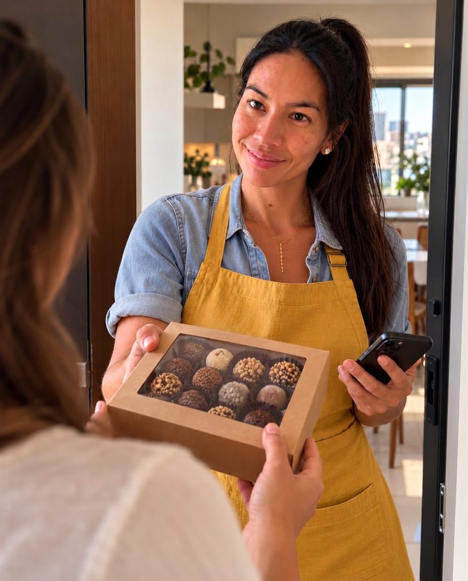 Carol entregando à vizinha uma caixa simples de brigadeiros na porta de casa