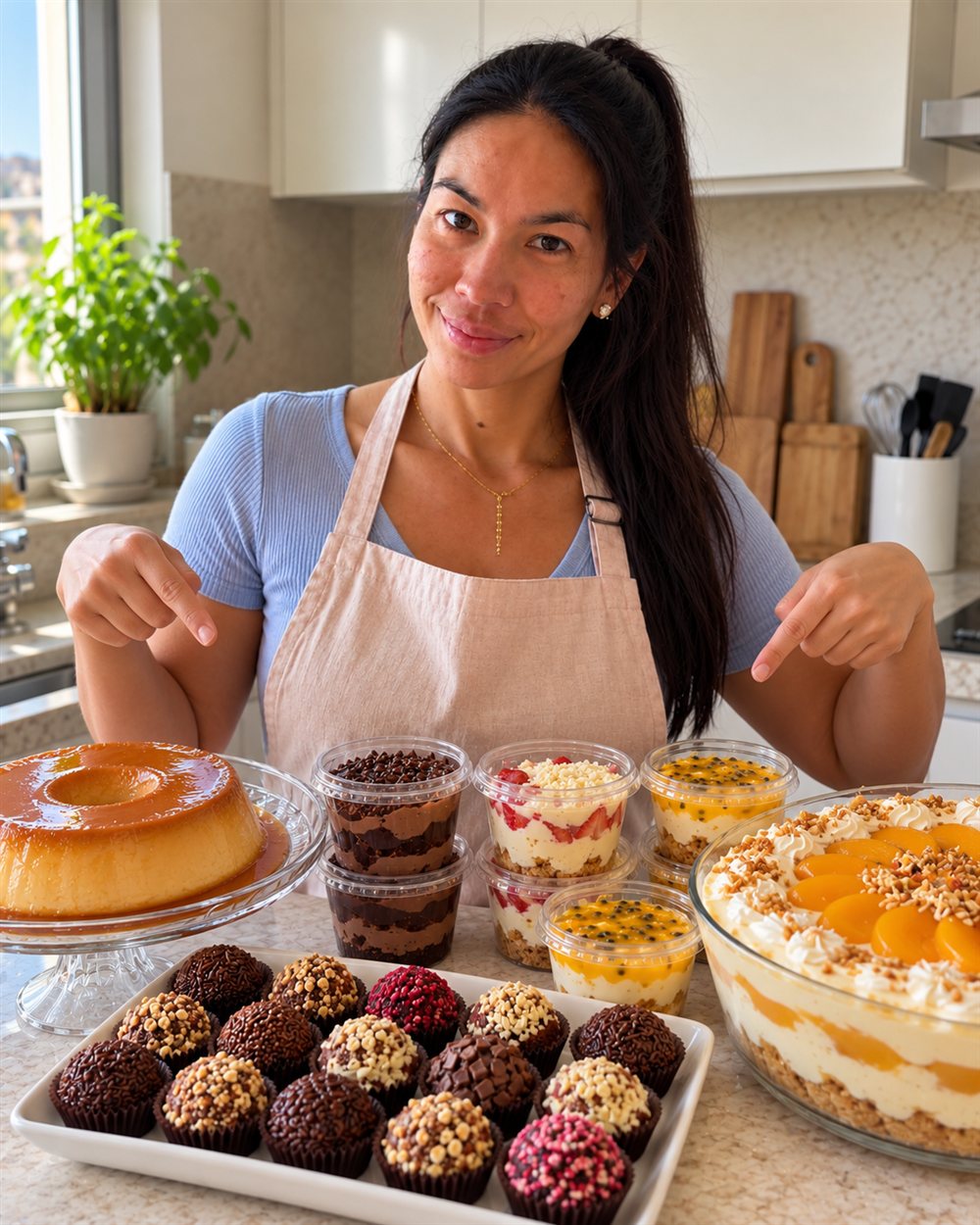 Carol sorrindo e apontando para pudim, brigadeiros e potes de doce montados na bancada da cozinha