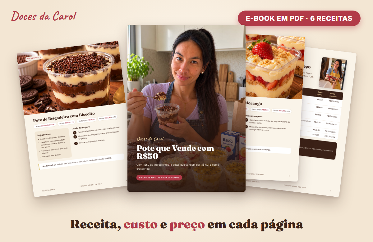 Capa e páginas reais do e-book Pote que Vende com R$50, com receitas, custos e preços dos doces